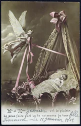 Kort som kunngjør fødselen av en baby, 11. januar 1915 (farget bilde)
