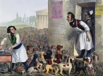 Karikatur av parisere som håndterer rabiate hunder, ca. 1840