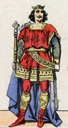 Karolingisk dynasti: Portrett av Ludvig II Begue (846-879), kongen av frankene fra 877 til 879. Epinal avbildning fra slutten av 1800-tallet. Privat samling.