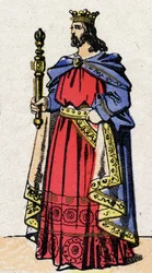 Karolingisk dynasti: Portrett av Ludvig IV, kjent som Outremer (921-954), kongen av frankene fra 936 til 954. Epinal avbildning fra slutten av 1800-tallet. Privat samling.