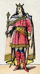 Carolingian dynasty: Portrait of Louis V dit le Faineant (967-987), king of the Franks from 986 to 987. Epinal imaging from the end of the 19th century. Private collection.