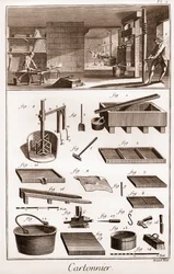 Cartonnier - verksted produserer papp - "" The Great Encyclopedia, eller Dictionnaire Raisonne des Sciences, des Arts et des Metiers" (Encyclopedia or Dictionary of the Sciences, Arts and Professions) av Denis Diderot (1713-1784) og Jean d&#