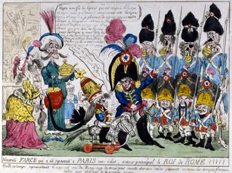 Tegneserie om Napoleon I (1769 - 1821) og hans sønn, kongen av Roma (1811 - 1832): sistnevnte på sin gyngehest gjennomgår troppene til den franske hæren sammen med sin far. Fransk trykk fra 1800-tallet.