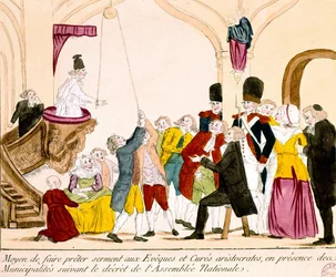 Tegneserie som viser franske aristokrater og presteskap som avlegger ed om troskap til republikken (farget gravering)