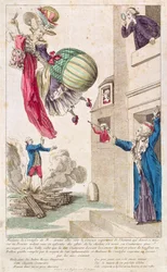 Karikatur som latterliggjør mote og ballongflyging, ca. 1783-4