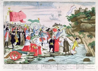 Tegneserie som latterliggjør det franske presteskapet og aristokratene som søkte tilflukt i Tyskland under revolusjonen, ca. 1792