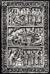 Utskåret plakett for et bokomslag som viser scener fra livet til St. Remigius (ca. 437-533) og dåpen til Clovis I (465-511)
