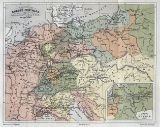 Sentral-Europa som viser de historiske stedene og slagmarkene fra 1792-1813 - Sentral-Europa som indikerer historiske steder og slagmarker fra 1792 til 1813 - gravering i "Histoire de France" av Victor Duruy (1811-1894) - 1882