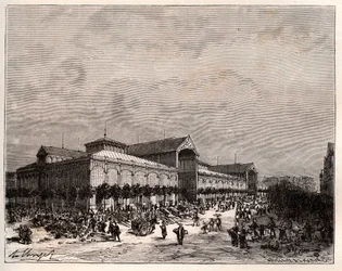 Central halles in Paris in the 19th century - engraving in “La France illustree: geographie, histoire, administration statistique” by V.A. Malt-Brown. 1884