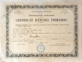 Sertifikat for grunnskoleutdanning, Academie de Lille, 1898 (blekk på papir)