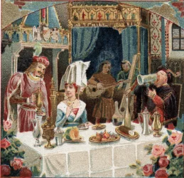 Kammerherre Jehan de Saintre serverer en drink på Lady of Belles Cousines (Belles-Cousines) ved en bankett på Chateau d'Usse. Scene fra romanen "" Le petit Jehan de Saintre"" av Antoine de La Sale (La Salle) (ca. 1386-ca. 1462). Kro