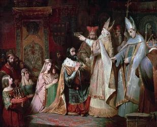 Charlemagne (747-814) kronet til konge av Italia i 774 (olje på lerret)