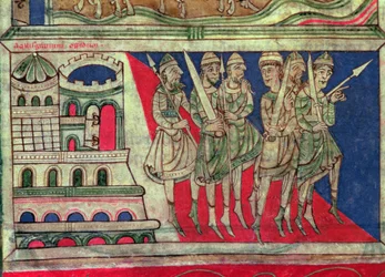 Karl den Store forlater Aachen for å reise til Santiago de Compostela, miniatyr fra 