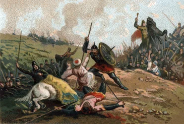 Karl Martell stanset invasjonen og drepte hærføreren Abd al-Rahman I eller Abderamane I (Abd al-Rahman) (731-788), sarasenernes leder. Kromolitografi omkring 1890.