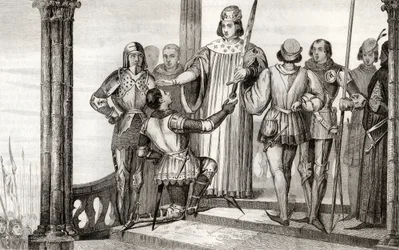 Charles V (1358-80) den vise presenterer sitt sverd til Duguesdin, fra 