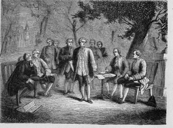Charles de Secondat Montesquieu med det vitenskapelige cenacle på Castle Clairac, Frankrike - Le cenacle scientifique du chateau de Clairac: Montesquieu og baronen de Secondat, sønn, Chevalier de Vivens, Romas og Dutilh-brødrene - - i "Album de la Scienc