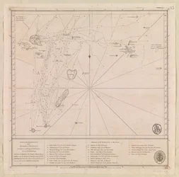 Kart over øygruppen nordover Mauritius, fastsatt i 1776 av løytnant M le Victe Grenier i den franske marinen [Inkluderer Seychellene, den sørligste delen av Maldivene på Mauritius og Chagos-øygruppen]