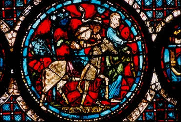 Chartres-katedralen, glassmaleri som viser et sirkulært glassmaleri av den gode samaritanske katedralen