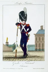 Jeger fra Nasjonalgarden, fra Troupes Françaises, utgitt hos Basset, Paris, ca. 1790