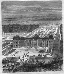 Chateau de Vaux Le Vicomte (Vaux-Le-Vicomte) av Nicolas Fouquet (1615-1680), Viscount de Melun og de Vaux Superintendent of Finance of Louis XIV. Gravering i "Historien om pavene-kongene-dronninger og keisere gjennom århundrene"" av Maurice 