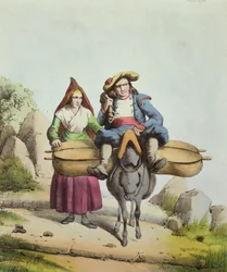 Osteselgere fra Tarbes-regionen, ca. 1840 (fargegravering)