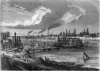 Chemin de fer de ceinture de Paris : pont en construction sur la Seine a Billancourt