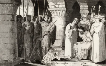 Childeric III (714-51) er detronisert og begrenset til et kloster, fra 'Histoire de France' av Colart, utgitt ca. 1840