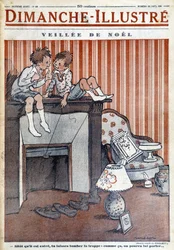 Barn som sitter på pipa og legger en felle hos julenissen, til juleavisen «Le Dimanche illustrious» fra 1930 (gravering)