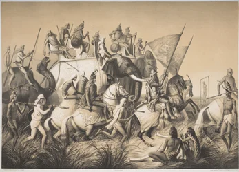 Chir Singh, Maharaja av sikhene med kongen av Punjab og hans følge fra "Voyage in India", ca. 1850 (litho)