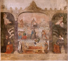 Kirke (Døperen Johannes kirke). Interiør. Kapell Saint-Fursy. Veggmalerier. Forherligelsen av Maria (freskomaleri kjent som den gode død). Begynner på 1600-tallet.