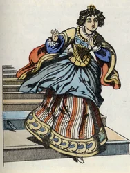 Askepott flykter fra ballen, dukker opp glassskoen hennes. Illustrasjon av Charles Perraults fortelling "Askepott eller La petite slipper de verre"