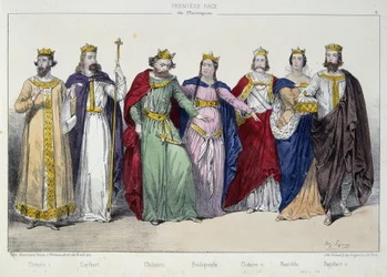 Clotaire (Clothaire) I, Caribert, Chilperic, Fredegonde, Clotaire II, Nantilde, Dagobert I - i “La monarchy francaise en estampes” ”