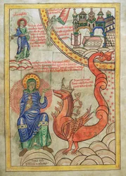 Cod. Guelf. 1 Gud. lat. (14v), Skjøgen fra Babylon, Vederstyggelighetenes Mor, møter Dyret fra Apokalypsen, fra Liber Floridus av Lambert av Saint-Omer, ca. 1120
