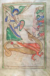 Torsk. Guelf. 1 Gud. lat. 15r, Saint Michael Fighting the Dragon, fra Liber Floridus av Lambert de Saint-Omer c.1120