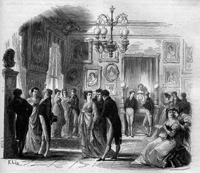 Comedie Francaise: utsikt over kunstnernes foaje med komikerne Francois-Joseph (Francois Joseph) Talma (1763-1826) og Anne Boutet, dit Mademoiselle Mars (1779 - 1847), fransk komiker. Gravering fra 1867-1868.