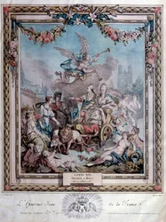 Markering av kroningen av Ludvig 16. (1754-1793) i Reims den 11/06/1775. Stikk. Paris. Arsenalbiblioteket