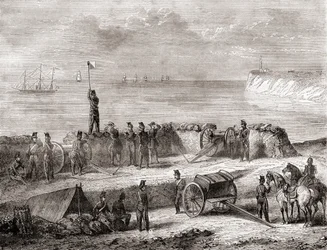 Kommunikasjon mellom et skip som går inn i havn og de landsatte troppene ved hjelp av flaggsemafor-telegrafisystemet, fra Les Merveilles de la Science, utgitt ca. 1870 (gravering)