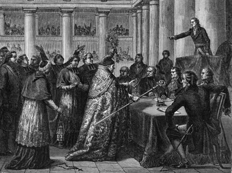 Concordat av 1801 - Signatur av Concordat mellom Frankrike (i nærvær av Napoleon Bonaparte) og Saint Siege (Saint Siege) (gravering)