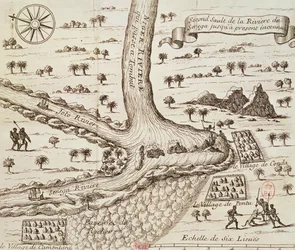 Samløpet mellom Svarte, Joto og Senegal, illustrasjon fra «Oppdagelsen av Afrika» av Jean-Baptiste Gaby, utgitt av Edme Couterot, Paris 1689
