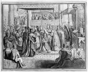 Henrik IVs (1553-1610) vigsling og kroning i Chartres-katedralen den 27. januar 1594, sent 1500-tall (detalj)