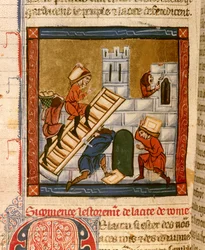 Byggingen av Roma. Miniatyr av manuskriptet "Histoire ancienne à la Cesar", rundt 1260-1270 skrevet av en kontorist i tjeneste ved hoffet til Roger IV, Chatelain av Lille (1208-1230), forfatteren kan være for noen av Denains Wauchier. Dijon, Munici