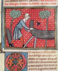 Konstruksjon av en båt, fra Bible Historiale av Guiart des Moulins