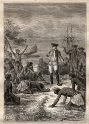 Cooks mottakelse av de innfødte - Tredje reise til James Cook - Cook velkommen av de innfødte - Tredje reise til James Cook i Stillehavet - illustrasjon hentet fra "The Great Mariners of the 18th century" av Jules Verne