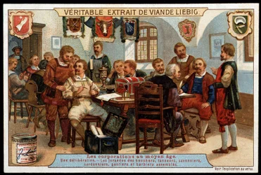 Bedrifter i middelalderen: en vurdering av jurandene til slaktere, garvere, såpemakere, skomakere, hansker og monterte barberere - reklamevignett Liébig, sent på 1800-tallet