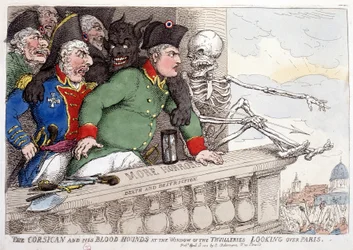 Korsika og dets blodtørstige blikk på Paris gjennom vinduet på Tuileriene - i «Napoleon I», karikaturer, dummysamling, ca. 1814–1815.