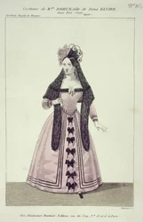 Kostyme for Mademoiselle Dorus i rollen som Donna Elvira i Don Giovanni, gravert av Maleuvre, trykt av Hautecoeur-Martinet
