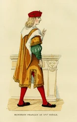 Kostyme til en fransk kjøpmann på 1600-tallet. Fargegravering i «France et les francais a travers les centuries» av Augustin Challamel, redaktør for F.Roy, Paris 1882. Selva-samlingen.