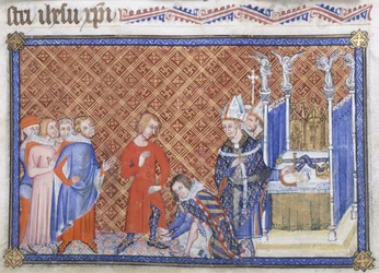 Cotton Tiberius B VIII f.48v, Filip den dristige, hertug av Burgund, setter sporene på kong Karl V, illustrasjon fra 
