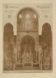 Tverrsnitt fra østenden av Palatinerkapellet, Palermo, Sicilia, fra Fragments dArchitecture du Moyen Age et de la Renaissance, gravert av Jules Adolphe Chauvet (f.1828)