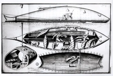 Tverrsnitt av en ubåt, fra et manuskript, mars 1689